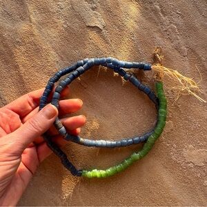 Vintage Powdered Glass African Trade Beads Cobalt Blue Green Sandcast Beads 28"